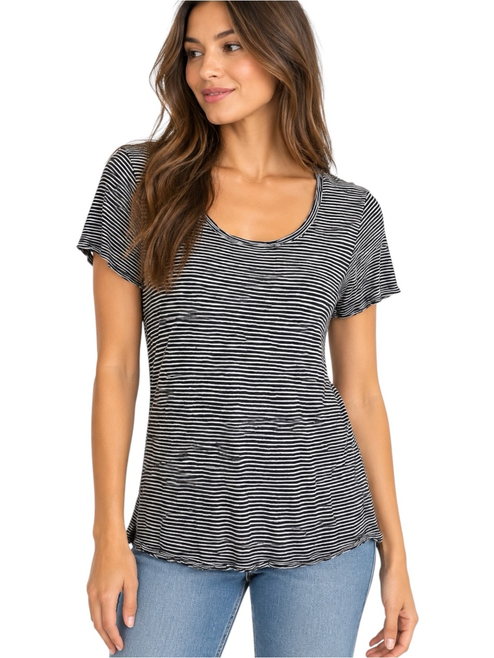 MADEWELL Black White Striped Drapey Scoop Neck Tee Relaxed Fit Medium